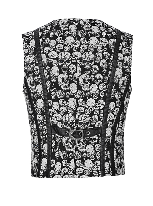 Gothic Style Mysterious Skull Pattern Jacquard Rubber Splicing Vintage Metal Buckle Black White Slim Vest