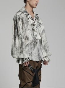 Gothic Style V Neck Tie Dyed Jacquard Weave Delicate Ruffles White Loose Long Lantern Sleeves Shirt