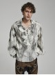 Gothic Style V Neck Tie Dyed Jacquard Weave Delicate Ruffles White Loose Long Lantern Sleeves Shirt