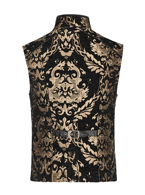 Gothic Style Handsome Stand Collar Gorgeous Gold Jacquard Retro Metal Button Ring Black Slim Vest