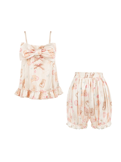 Sleepy Bear Series Pink Bear Print Bowknot Ribbon Sweet Kawaii Fashion Homewear Soft Camisole Short Pants Set