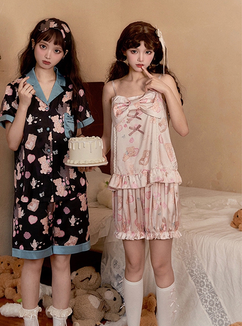 Sleepy Bear Series Pink Bear Print Bowknot Ribbon Sweet Kawaii Fashion Homewear Soft Camisole Short Pants Set