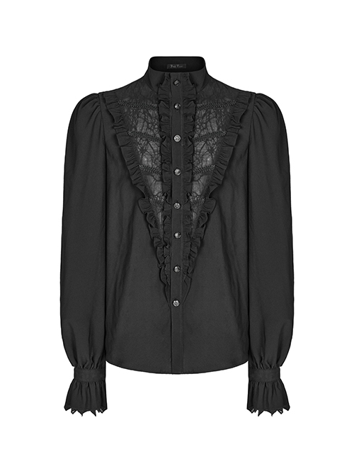 Gothic Style Exquisite Ruffled Placket Metal Hollow Cherry Blossom Buttons Black Long Puff Sleeves Loose Shirt