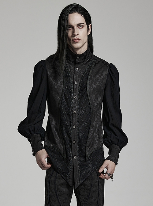 Gothic Style Dark Spider Web Lace Splicing Jacquard Dark Pattern Retro Bronze Button Black Long Sleeves Shirt