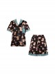 Sleepy Bear Series Summer Kawaii Fashion Little Bear Print Black Green Wide Edge Homewear Soft Shirt Short Pants Set