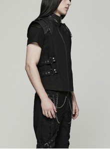Punk Style Cool Stand Collar Shiny Twill Splicing Metal Rivet Zipper Side Waist Webbing Decorative Black Vest
