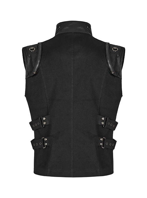 Punk Style Cool Stand Collar Shiny Twill Splicing Metal Rivet Zipper Side Waist Webbing Decorative Black Vest