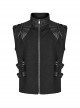 Punk Style Cool Stand Collar Shiny Twill Splicing Metal Rivet Zipper Side Waist Webbing Decorative Black Vest