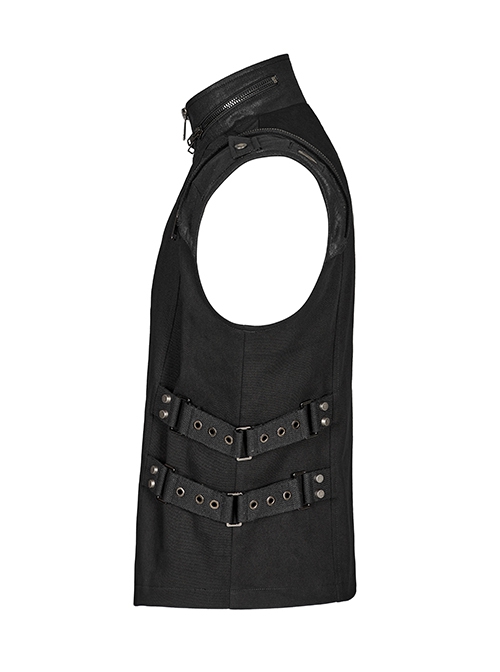 Punk Style Cool Stand Collar Shiny Twill Splicing Metal Rivet Zipper Side Waist Webbing Decorative Black Vest