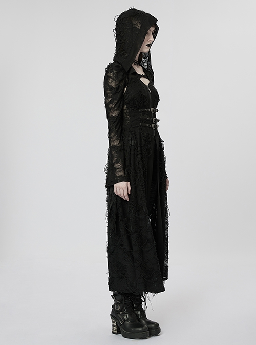 Gothic Style Knit Rose Pattern Ripped Sexy Backless Old Effect Metal Buckle Back Black Hooded Jacket