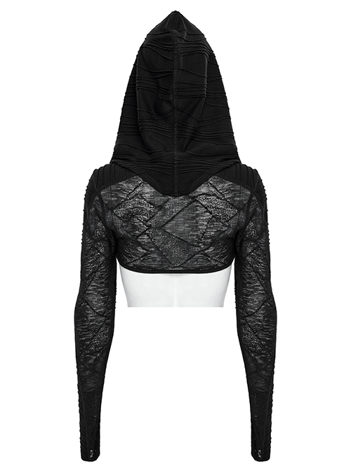 Punk Style Unique Detachable Hood Metal Buckle Decoration Stretch Knit Fabric Black Long Sleeves Jacket