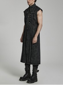 Punk Style Stand Collar Old Washed Process Metal Rivet Decoration Unique Doomsday Style Black Long Vest