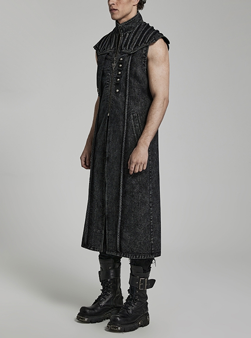 Punk Style Stand Collar Old Washed Process Metal Rivet Decoration Unique Doomsday Style Black Long Vest