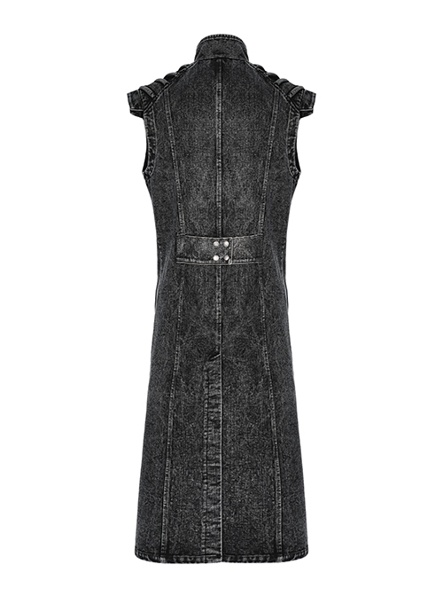 Punk Style Stand Collar Old Washed Process Metal Rivet Decoration Unique Doomsday Style Black Long Vest