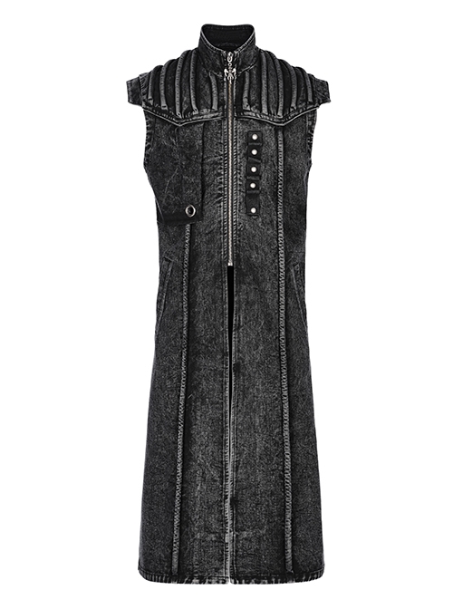 Punk Style Stand Collar Old Washed Process Metal Rivet Decoration Unique Doomsday Style Black Long Vest