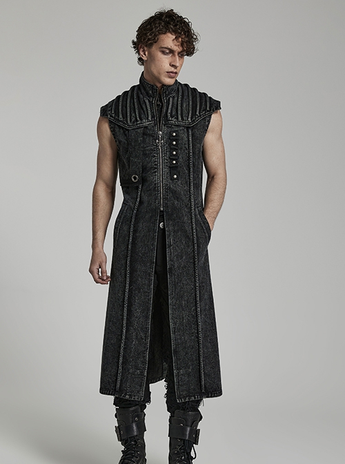 Punk Style Stand Collar Old Washed Process Metal Rivet Decoration Unique Doomsday Style Black Long Vest