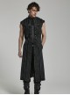 Punk Style Stand Collar Old Washed Process Metal Rivet Decoration Unique Doomsday Style Black Long Vest