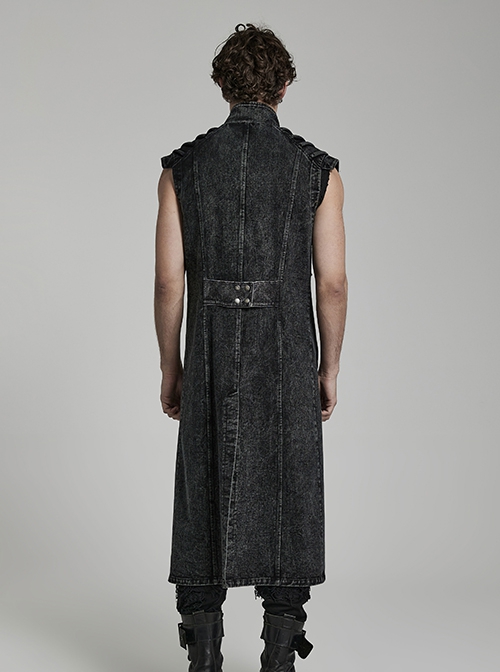 Punk Style Stand Collar Old Washed Process Metal Rivet Decoration Unique Doomsday Style Black Long Vest