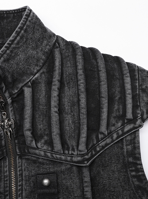 Punk Style Stand Collar Old Washed Process Metal Rivet Decoration Unique Doomsday Style Black Long Vest