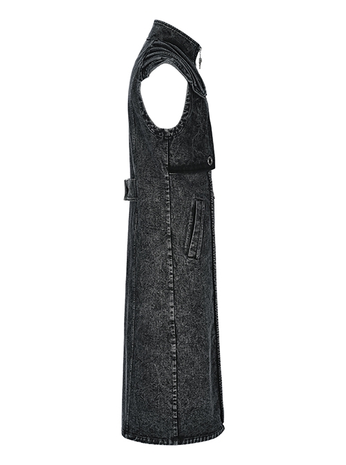 Punk Style Stand Collar Old Washed Process Metal Rivet Decoration Unique Doomsday Style Black Long Vest