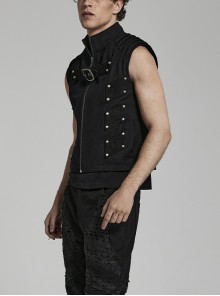 Punk Style Handsome Stand Collar Cool Metal Rivet Decoration Non Stretch Twill Fabric Black Vest
