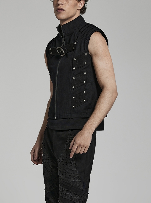 Punk Style Handsome Stand Collar Cool Metal Rivet Decoration Non Stretch Twill Fabric Black Vest