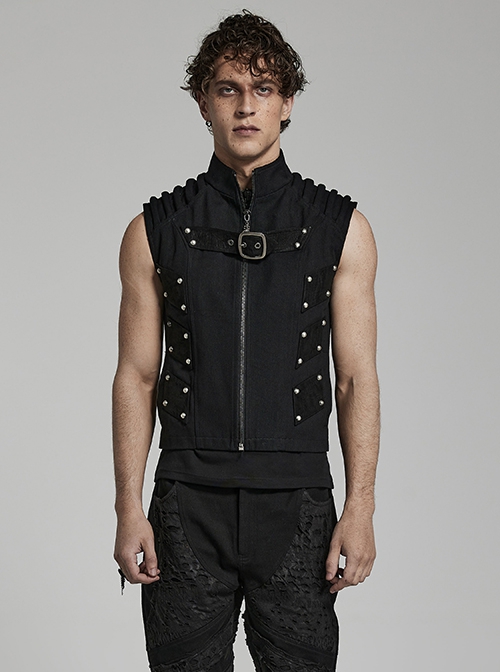 Punk Style Handsome Stand Collar Cool Metal Rivet Decoration Non Stretch Twill Fabric Black Vest