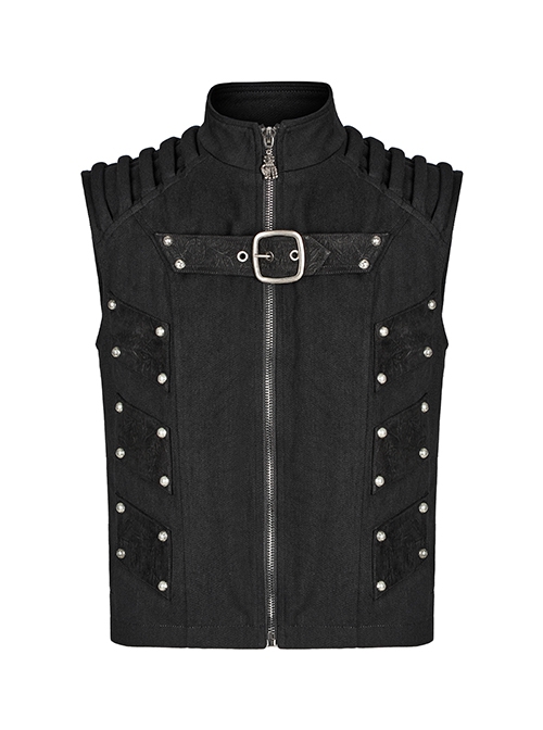 Punk Style Handsome Stand Collar Cool Metal Rivet Decoration Non Stretch Twill Fabric Black Vest