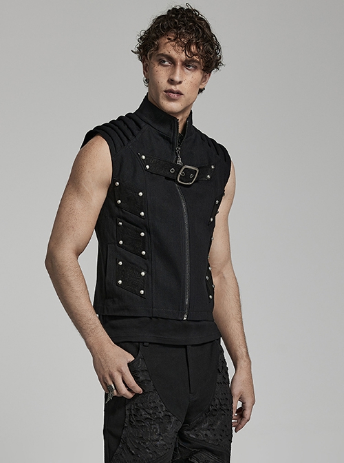 Punk Style Handsome Stand Collar Cool Metal Rivet Decoration Non Stretch Twill Fabric Black Vest