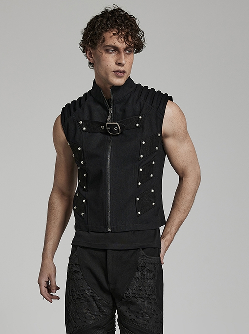 Punk Style Handsome Stand Collar Cool Metal Rivet Decoration Non Stretch Twill Fabric Black Vest