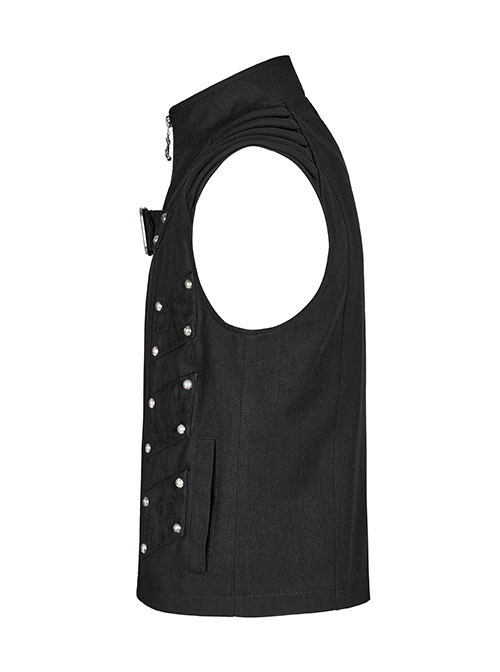 Punk Style Handsome Stand Collar Cool Metal Rivet Decoration Non Stretch Twill Fabric Black Vest