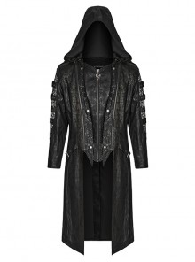 Punk Style Unique Cracked Leather Splicing Hollow Mesh Removable Zipper Black Long Sleeves Hooded Jacket