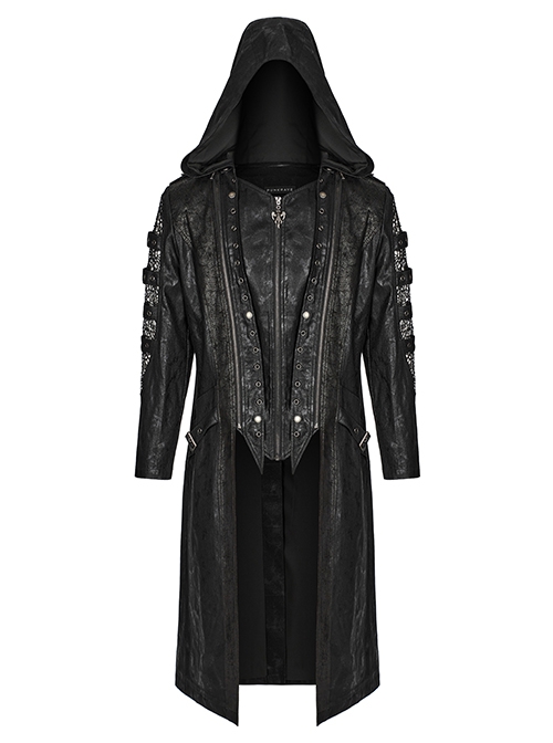 Punk Style Unique Cracked Leather Splicing Hollow Mesh Removable Zipper Black Long Sleeves Hooded Jacket