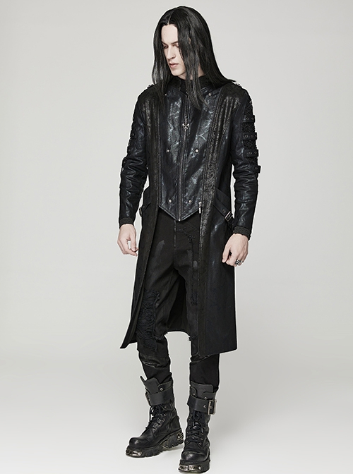 Punk Style Unique Cracked Leather Splicing Hollow Mesh Removable Zipper Black Long Sleeves Hooded Jacket