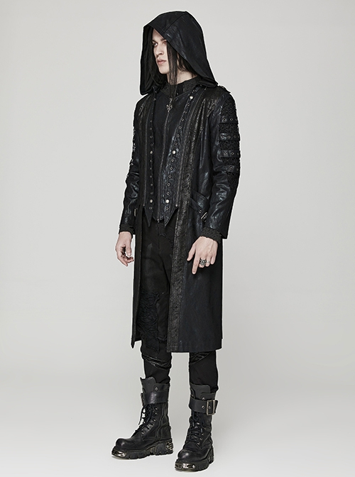 Punk Style Unique Cracked Leather Splicing Hollow Mesh Removable Zipper Black Long Sleeves Hooded Jacket