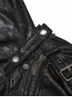 Punk Style Unique Cracked Leather Splicing Hollow Mesh Removable Zipper Black Long Sleeves Hooded Jacket