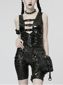 Punk Style Chest Sexy Hollow Cool Motorcycle Buckle Unique Ghost Face Zipper Black Patent Leather Slim Vest
