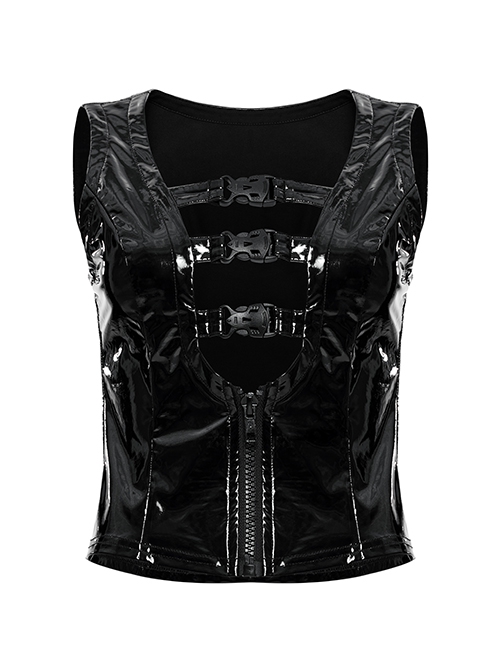 Punk Style Chest Sexy Hollow Cool Motorcycle Buckle Unique Ghost Face Zipper Black Patent Leather Slim Vest