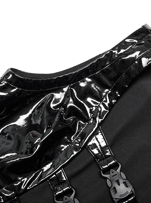 Punk Style Chest Sexy Hollow Cool Motorcycle Buckle Unique Ghost Face Zipper Black Patent Leather Slim Vest