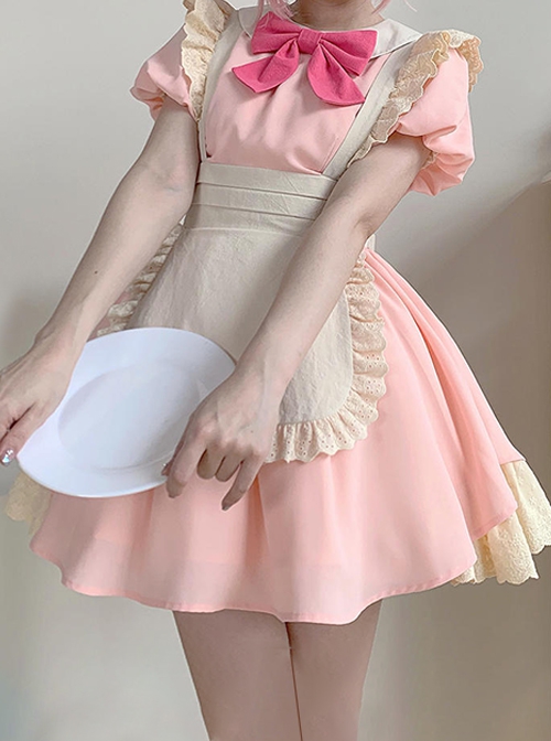 Kiss Kiss Series Colorful Versatile Doll Collar Bowknot Little Maid Ruffled Apron Sweet Lolita Puff Sleeve Short Dress