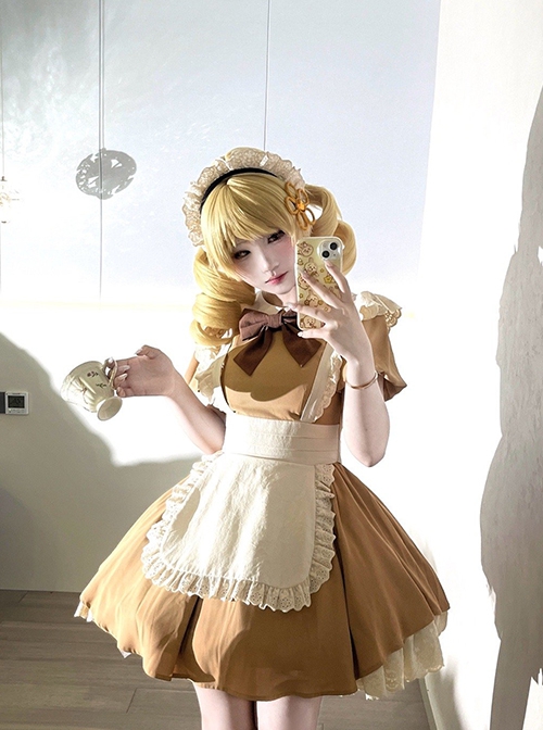 Kiss Kiss Series Colorful Versatile Doll Collar Bowknot Little Maid Ruffled Apron Sweet Lolita Puff Sleeve Short Dress