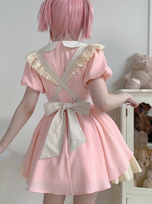 Kiss Kiss Series Colorful Versatile Doll Collar Bowknot Little Maid Ruffled Apron Sweet Lolita Puff Sleeve Short Dress