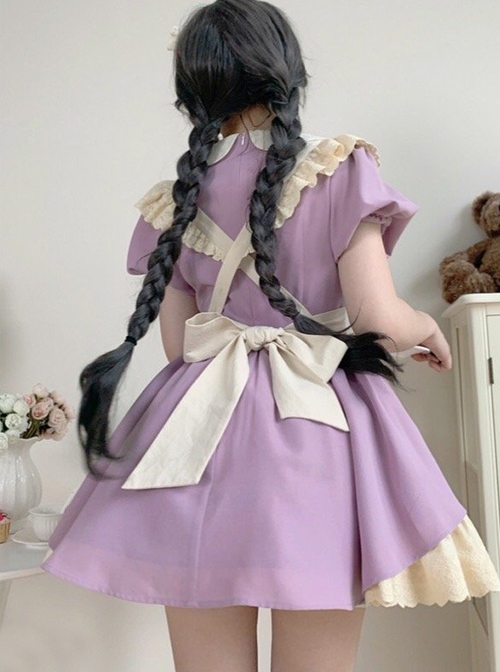 Kiss Kiss Series Colorful Versatile Doll Collar Bowknot Little Maid Ruffled Apron Sweet Lolita Puff Sleeve Short Dress