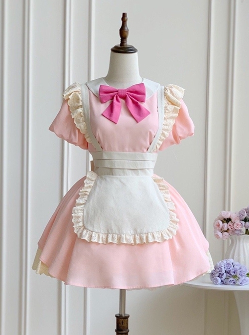 Kiss Kiss Series Colorful Versatile Doll Collar Bowknot Little Maid Ruffled Apron Sweet Lolita Puff Sleeve Short Dress