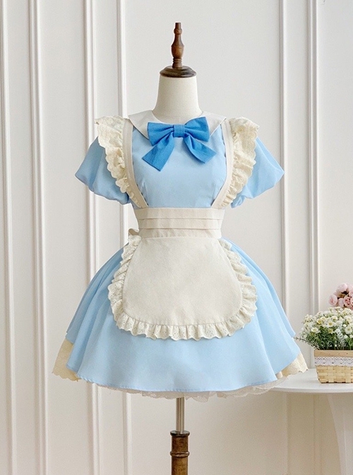 Kiss Kiss Series Colorful Versatile Doll Collar Bowknot Little Maid Ruffled Apron Sweet Lolita Puff Sleeve Short Dress