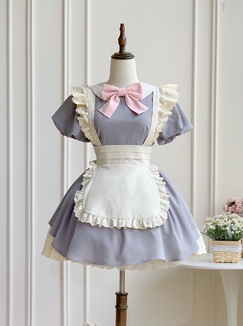 Kiss Kiss Series Colorful Versatile Doll Collar Bowknot Little Maid Ruffled Apron Sweet Lolita Puff Sleeve Short Dress