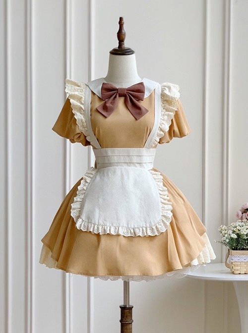 Kiss Kiss Series Colorful Versatile Doll Collar Bowknot Little Maid Ruffled Apron Sweet Lolita Puff Sleeve Short Dress