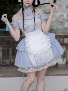 Chinese Style Frost Ice Blue Landscape Print Classic Lolita Stand Collar Bare Shoulder Puff Sleeves Short Dress