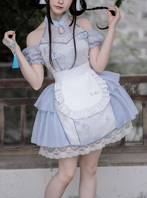 Chinese Style Frost Ice Blue Landscape Print Classic Lolita Stand Collar Bare Shoulder Puff Sleeves Short Dress