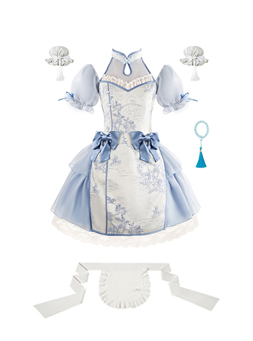 Chinese Style Frost Ice Blue Landscape Print Classic Lolita Stand Collar Bare Shoulder Puff Sleeves Short Dress